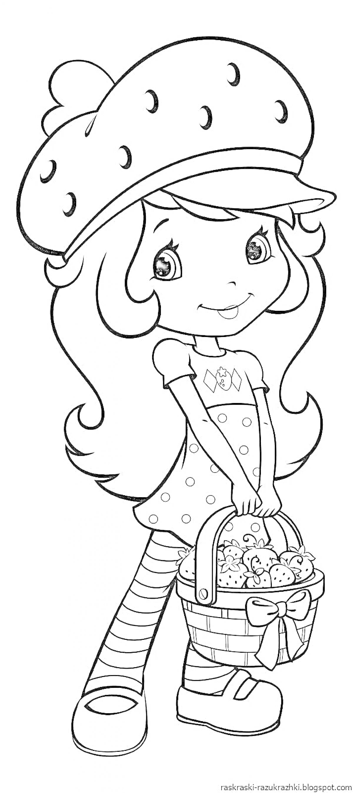 Раскраска Девочка в шляпе с клубничками и корзиной с клубникой