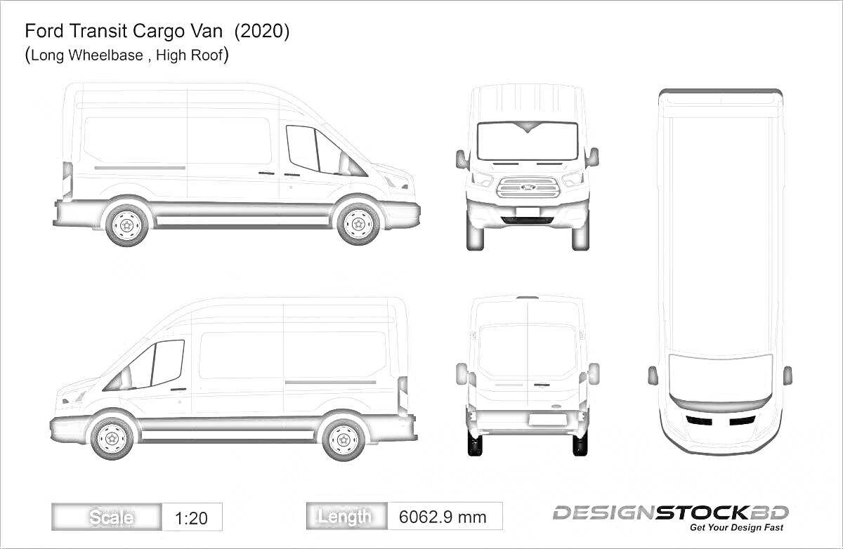 Раскраска Раскраска - чертежи Ford Transit Cargo Van (2020) с длинной колесной базой и высокой крышей, вид сбоку слева, вид спереди, вид сверху, вид сбоку справа, вид сзади и вид спереди с наклоном