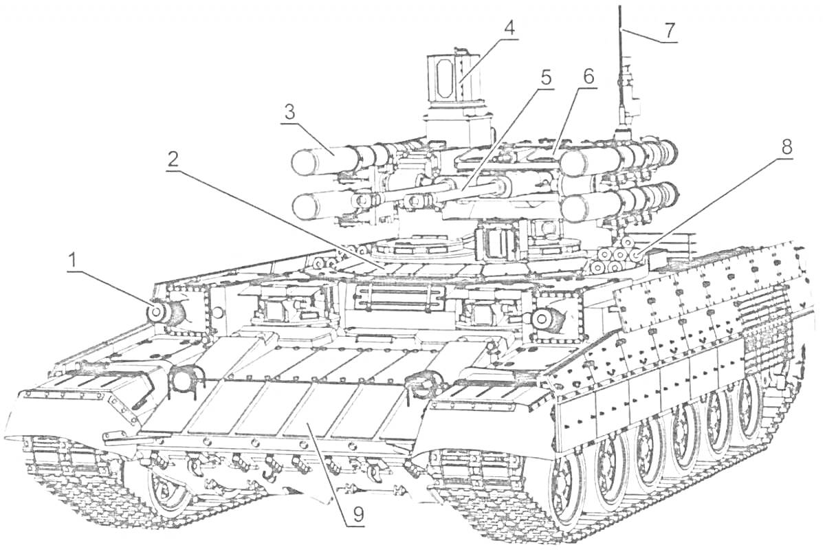 Раскраска Боевая машина пехоты (БМП) со всеми элементами, такими как ракеты, антенна, сенсоры, гусеницы и броневые листы