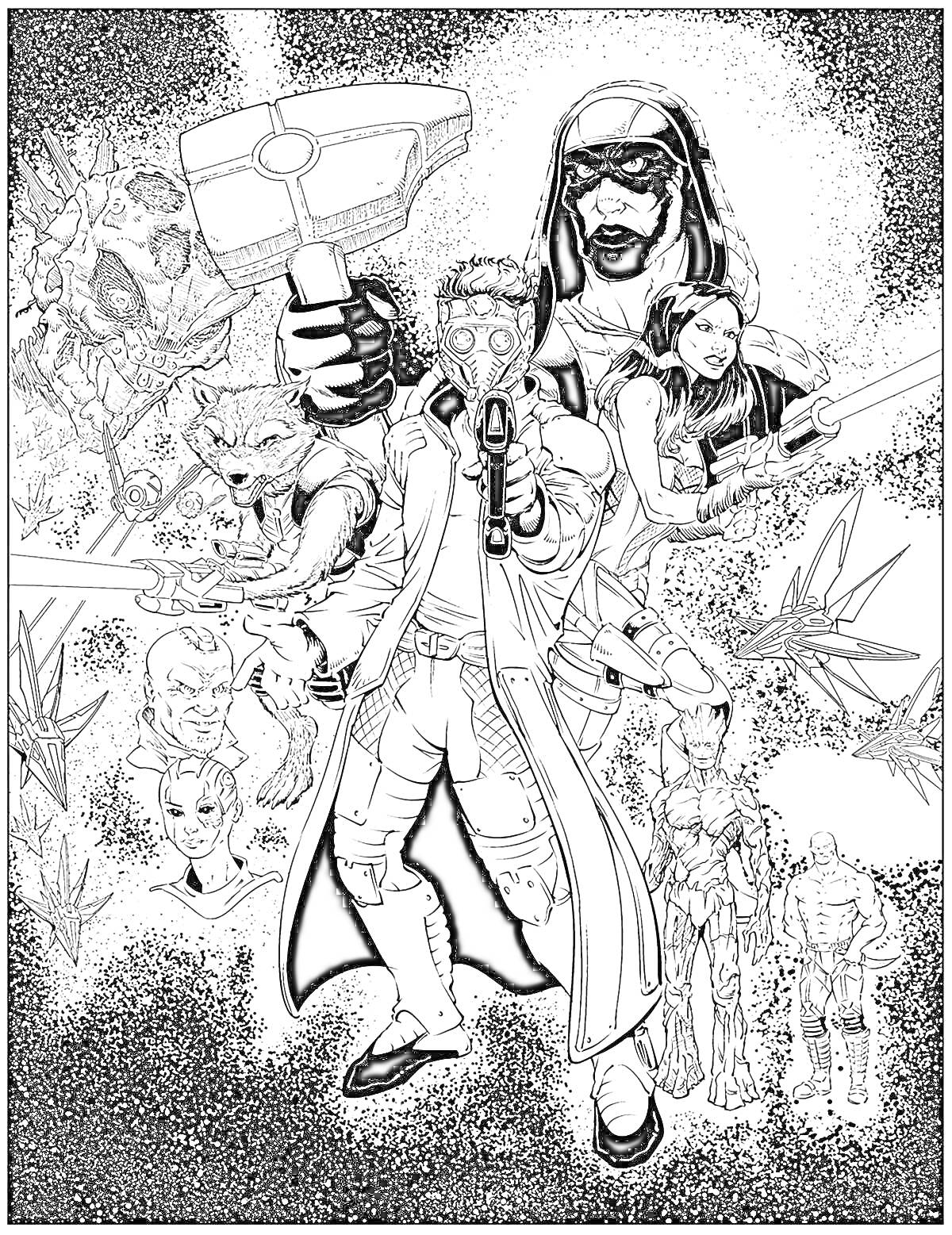 Раскраска Группа персонажей с оружием на фоне космического пейзажа и растительности, включая людей, антропоморфных существ и роботов.