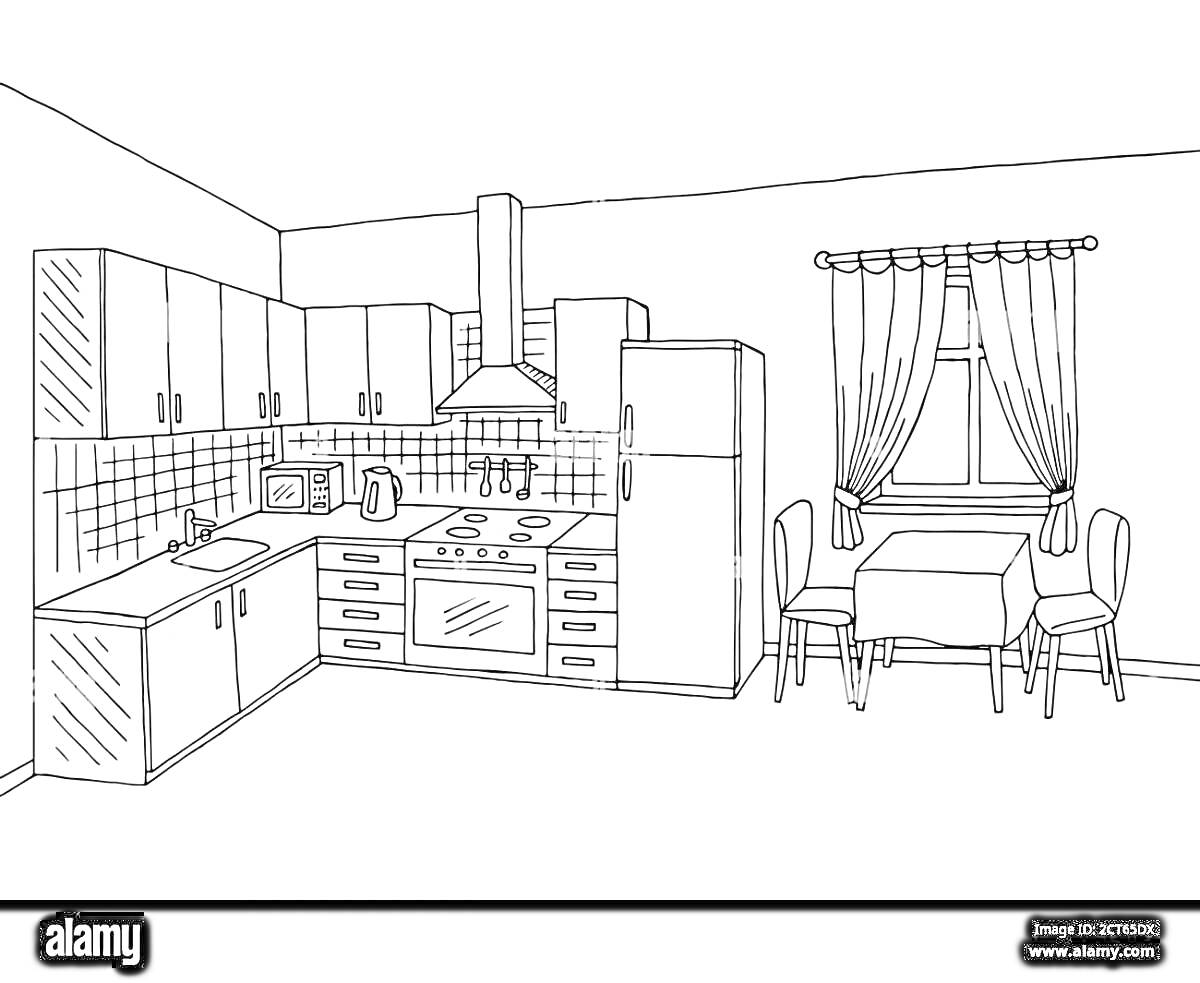 На раскраске изображено: Кухня, Плита, Вытяжка, Раковина, Стол, Шторы