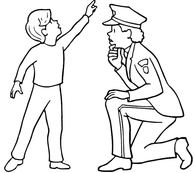 Ребенок показывает полицейскому направление, полицейский в форме на одном колене