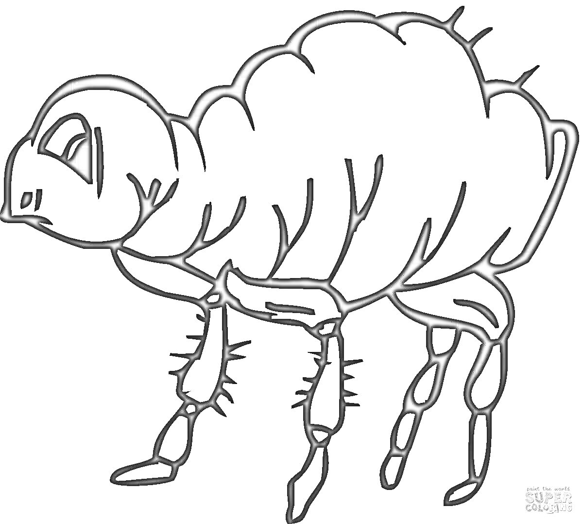 Раскраска Контурное изображение блохи с деталями головы, туловища и ног