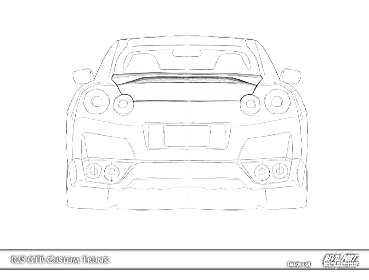 Раскраска Контур задней части автомобиля GTR R35 с кастомным багажником, фарами и спойлером