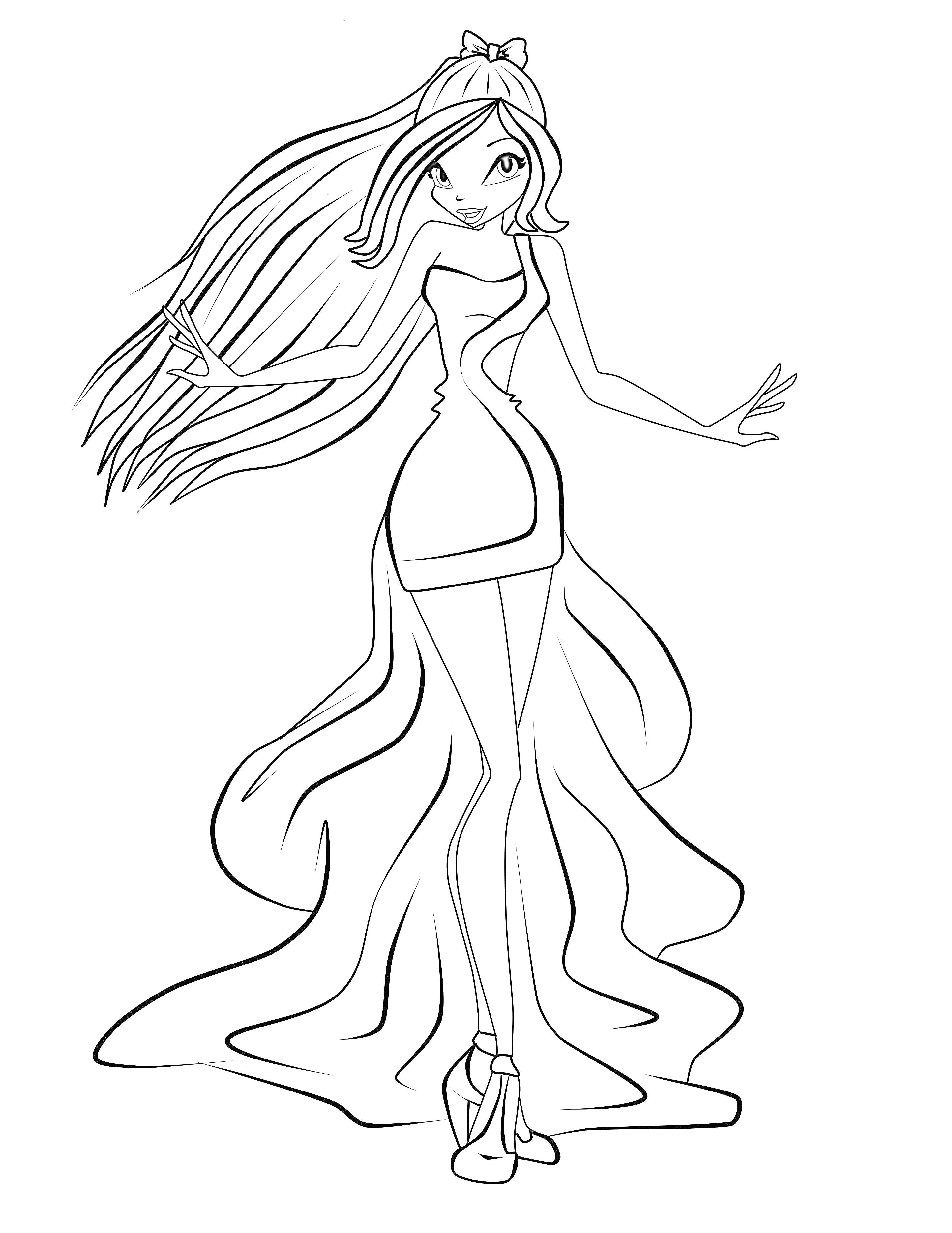 Раскраска Принцесса из Винкс в платье с длинным хвостом, повязка на волосах, длинные распущенные волосы