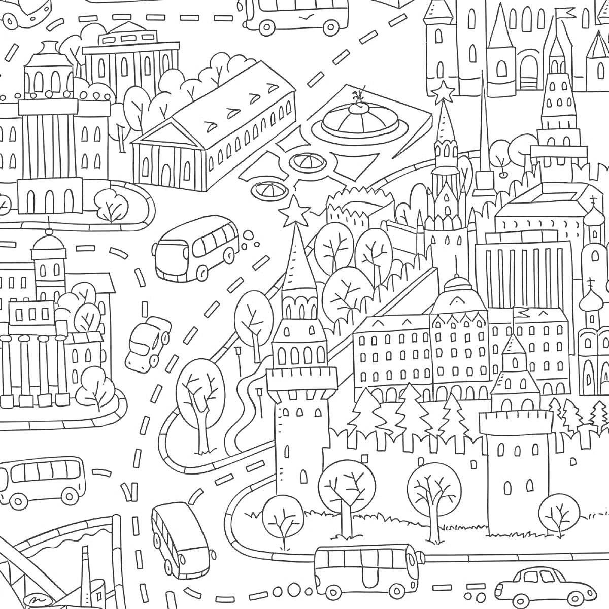 На раскраске изображено: Москва, Кремль, Спасская башня, Купола, Машины, Деревья, Дороги, Автобус