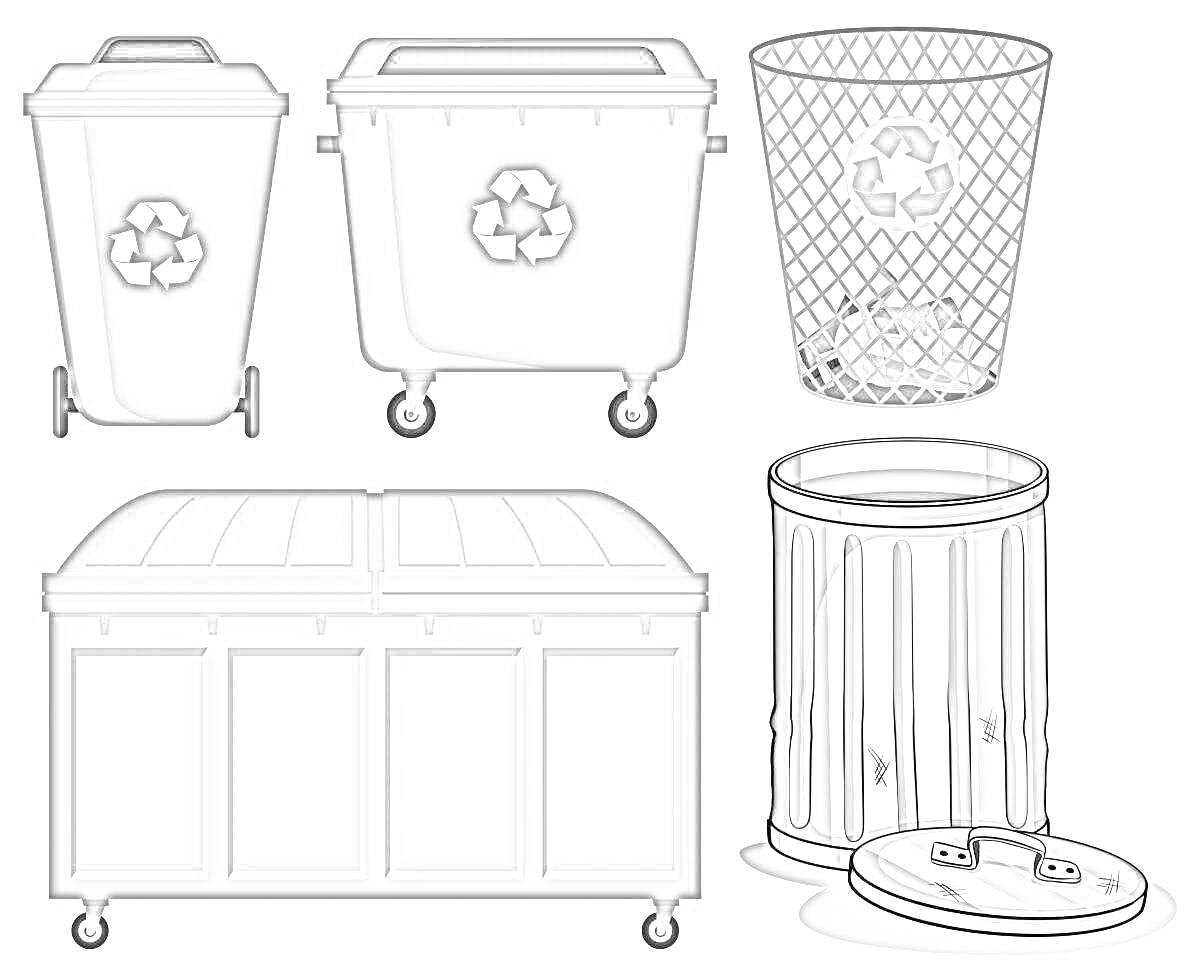 На раскраске изображено: Мусорный бак, Мусорный контейнер, Отходы, Переработка, Крышка, Уборка, Сортировка мусора, Мусор