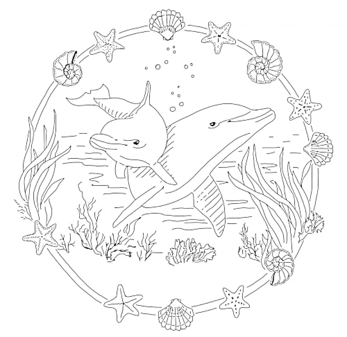 Раскраска Два дельфина в океане с водорослями, кораллами, морскими звездами и ракушками