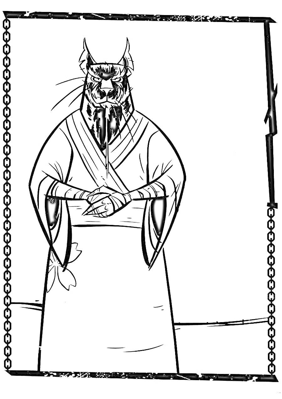 Человек-кот в традиционной одежде, стоящий со скрещенными руками