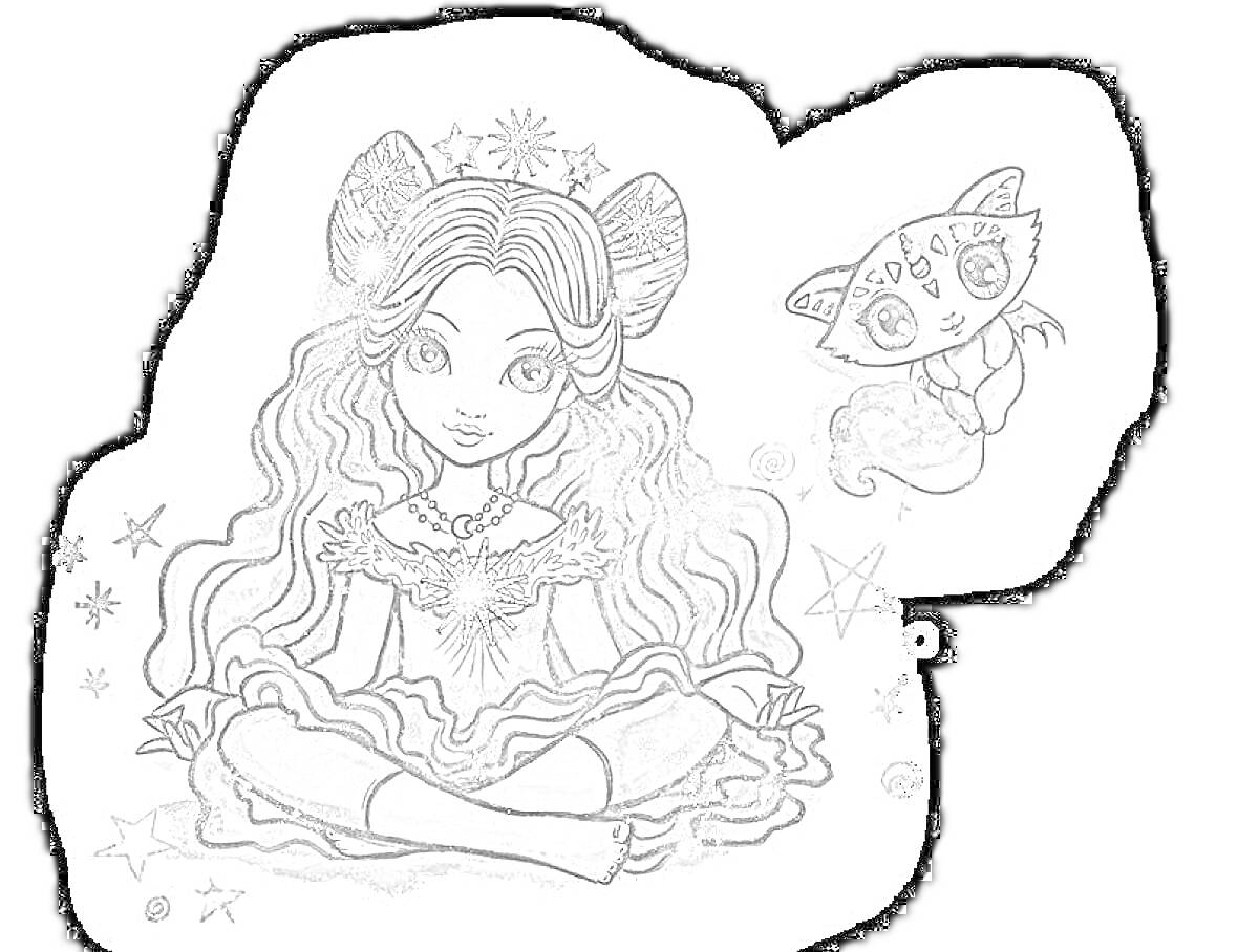 Раскраска Девочка с длинными волнистыми волосами и ушками сидит со скрещенными ногами, рядом летает волшебное существо с крылышками, вокруг звезды и другие декоративные элементы