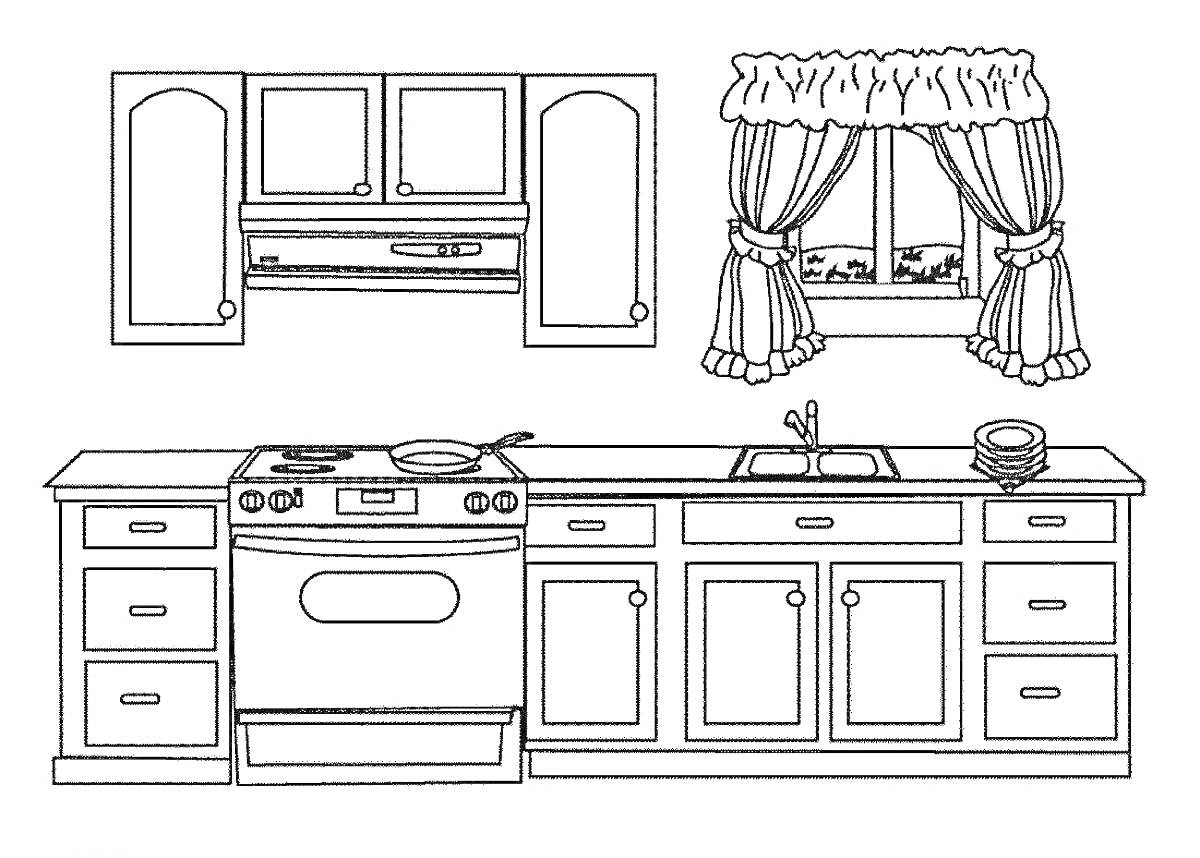 Раскраска Кухня с духовкой, плитой, раковиной, окном с занавесками и навесным шкафом