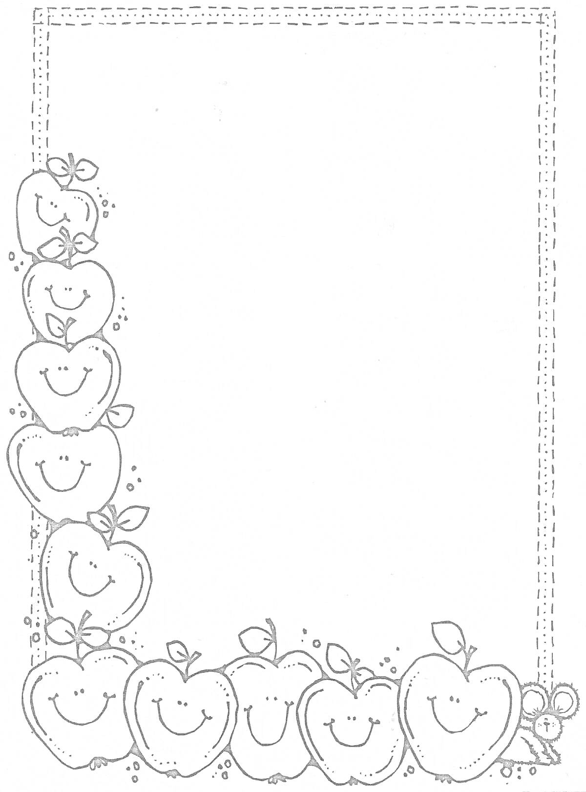 Раскраска Рамка с улыбающимися яблоками, цветами и листиками