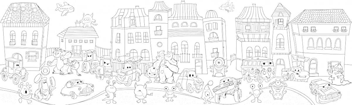 Раскраска Городская улица с машинами, жителями, домами, деревьями, фонарями, животными и воздушными шарами