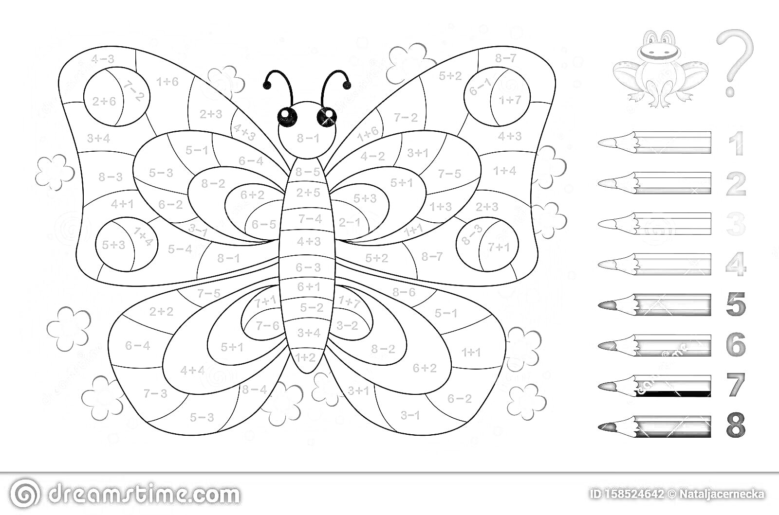 Раскраска Раскраска бабочки по цифрам с цветными карандашами и лягушкой на фоне цветов