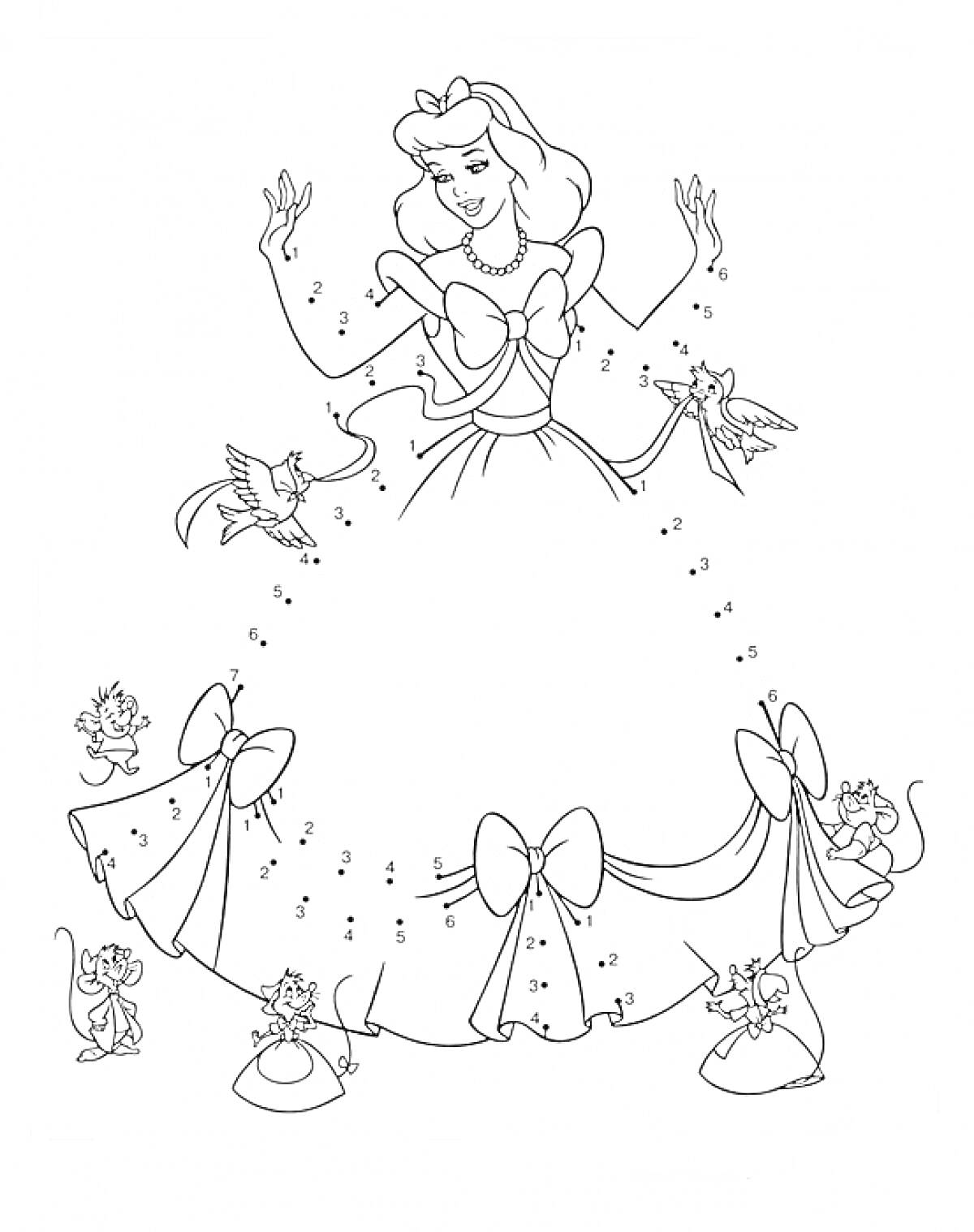 На раскраске изображено: Принцесса, Платье, По точкам, Банты, Волшебство, Из сказок, Мышь, Птица, Животное