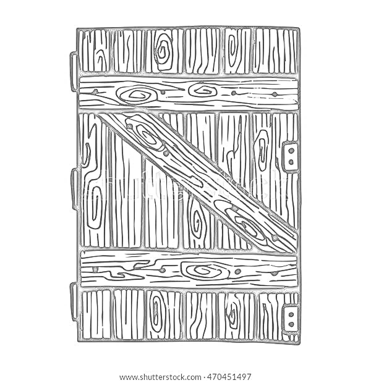 Раскраска Деревянная дверь с петлями и диагональной перекладиной
