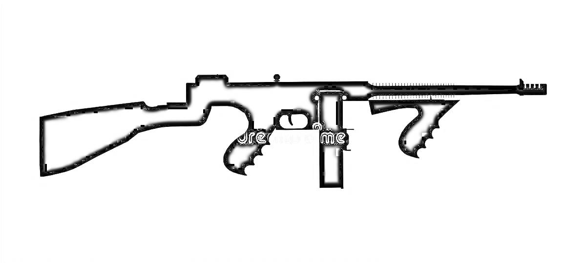 На раскраске изображено: Пистолет-пулемет, Томпсон, Оружие, Магазин, Спусковой крючок, Приклад, Рукоятка