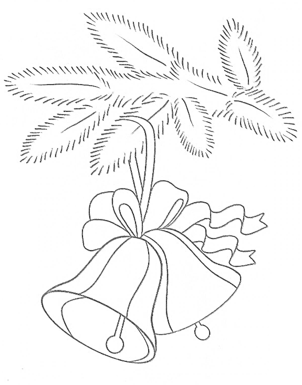 Раскраска Новогодние колокольчики с лентой и еловыми ветками