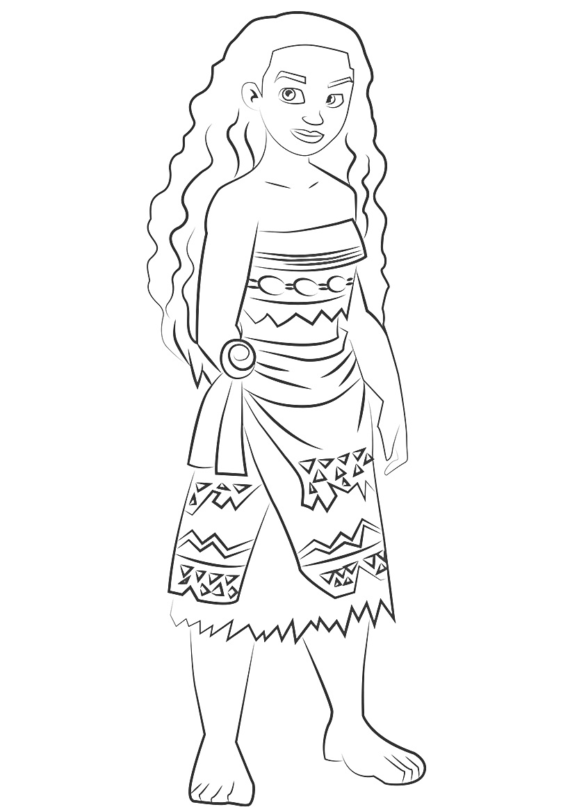 Раскраска Моана в традиционной одежде с длинными волосами