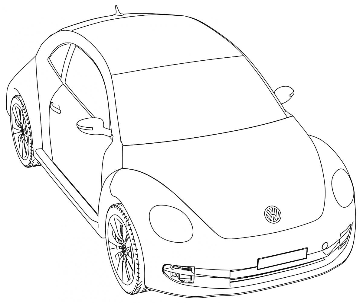 На раскраске изображено: Фольксваген, Две двери, Колёса, Фары, Боковое зеркало