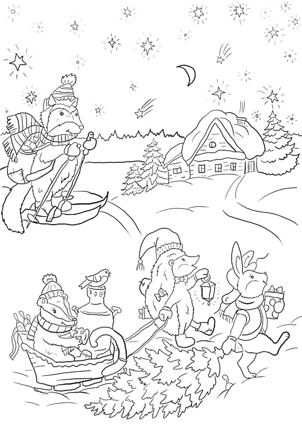 На раскраске изображено: Новый год, Зима, Снежный лес, Дом, Лисы, Снег, Месяц, Небо