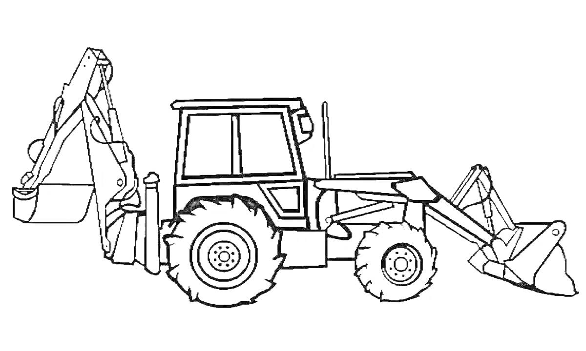 Раскраска Экскаватор-погрузчик с ковшом и кабиной
