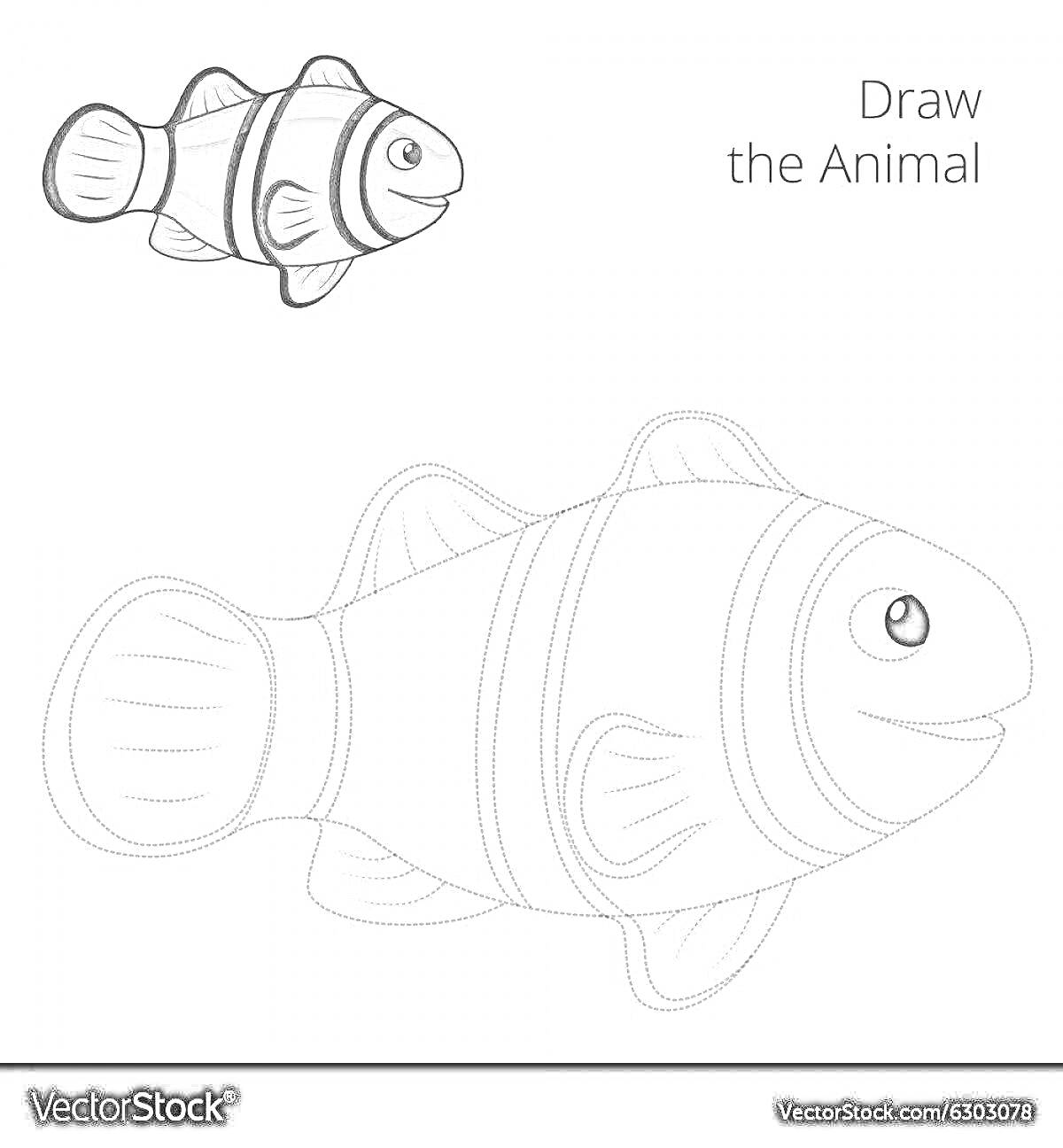Раскраска Раскраска с изображением рыбы-клоуна, включающая черно-белый контур для раскрашивания и пример раскрашенной рыбы в верхнем левом углу, а также надпись 