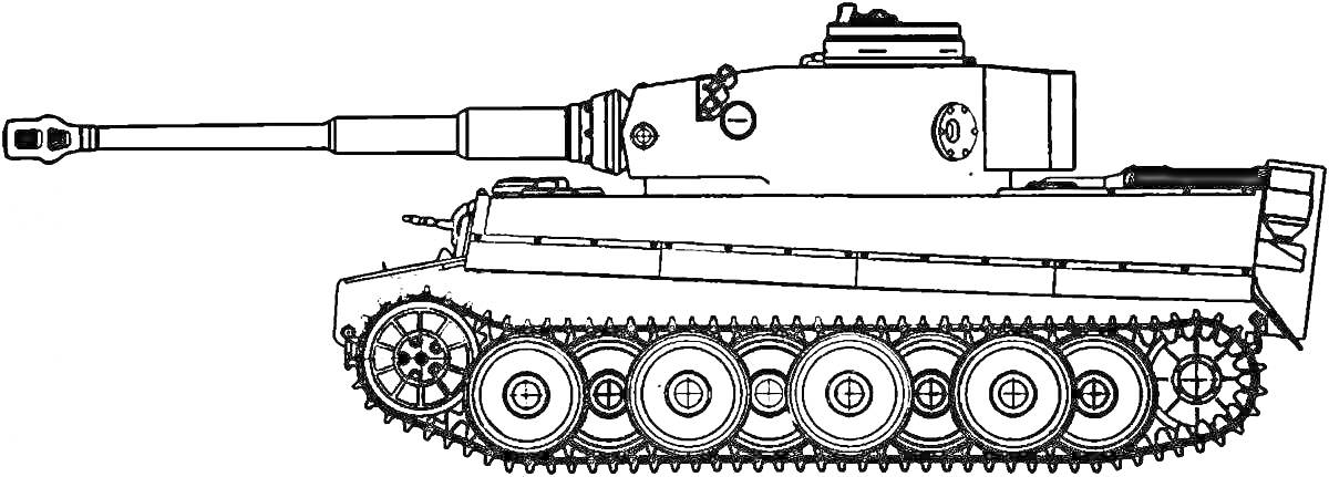 На раскраске изображено: Танк, Немецкий, Тигр, Вторая мировая война, Гусеницы, Пушка, Бронированная техника, Военная техника, Оружие