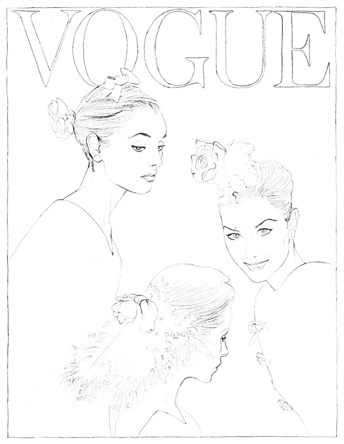 На раскраске изображено: Vogue, Обложка, Мода, Цветы в волосах, Портреты