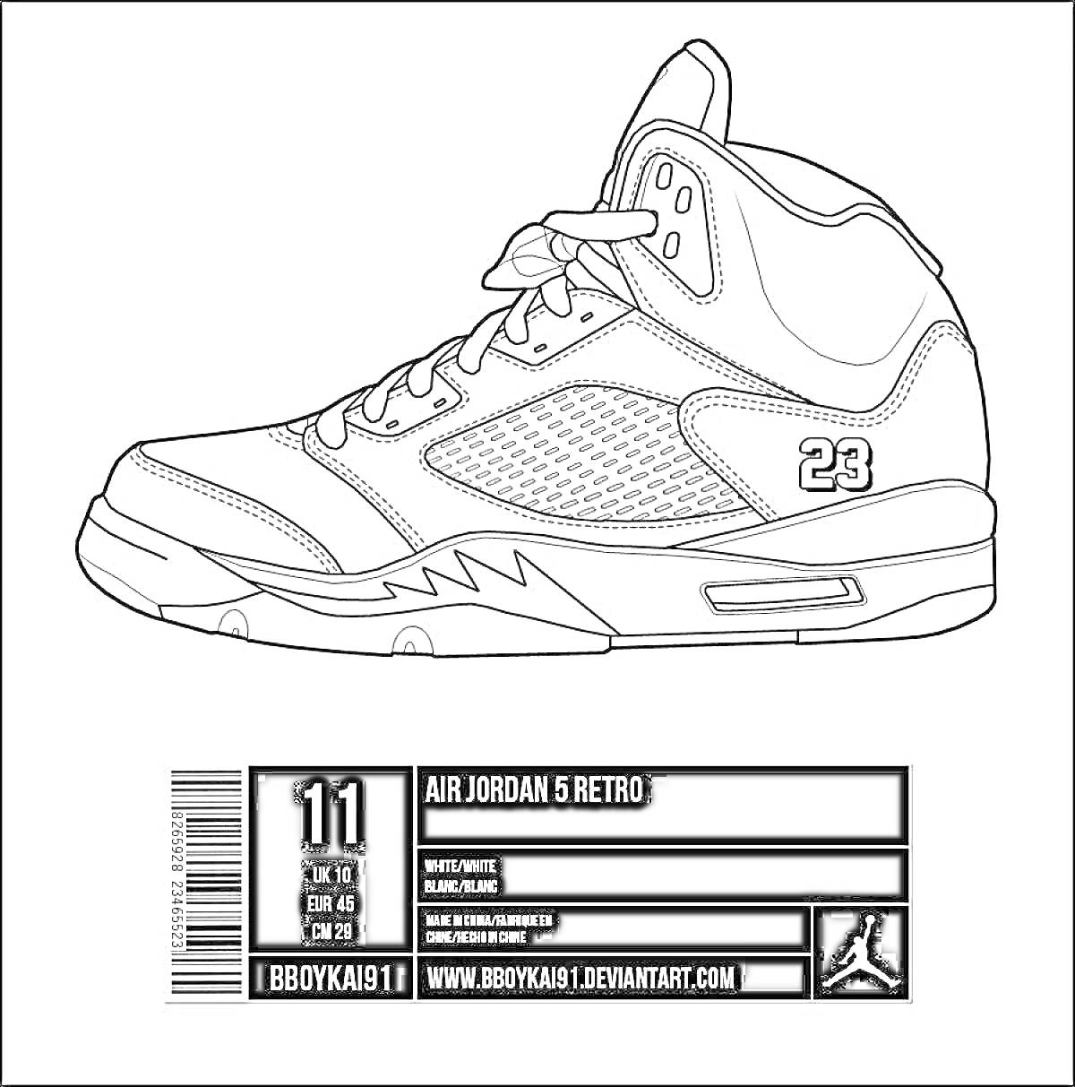 Раскраска Контурное изображение кроссовка Air Jordan 5 Retro с информацией о размере и производителе