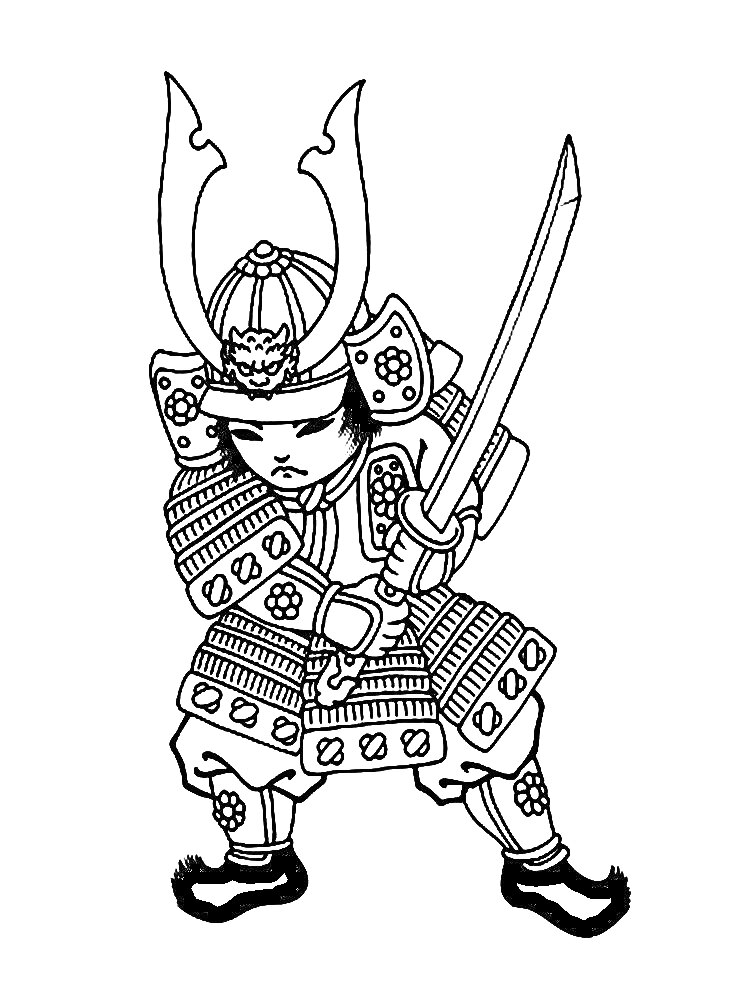 Раскраска Самурай в доспехах с мечом в боевой стойке
