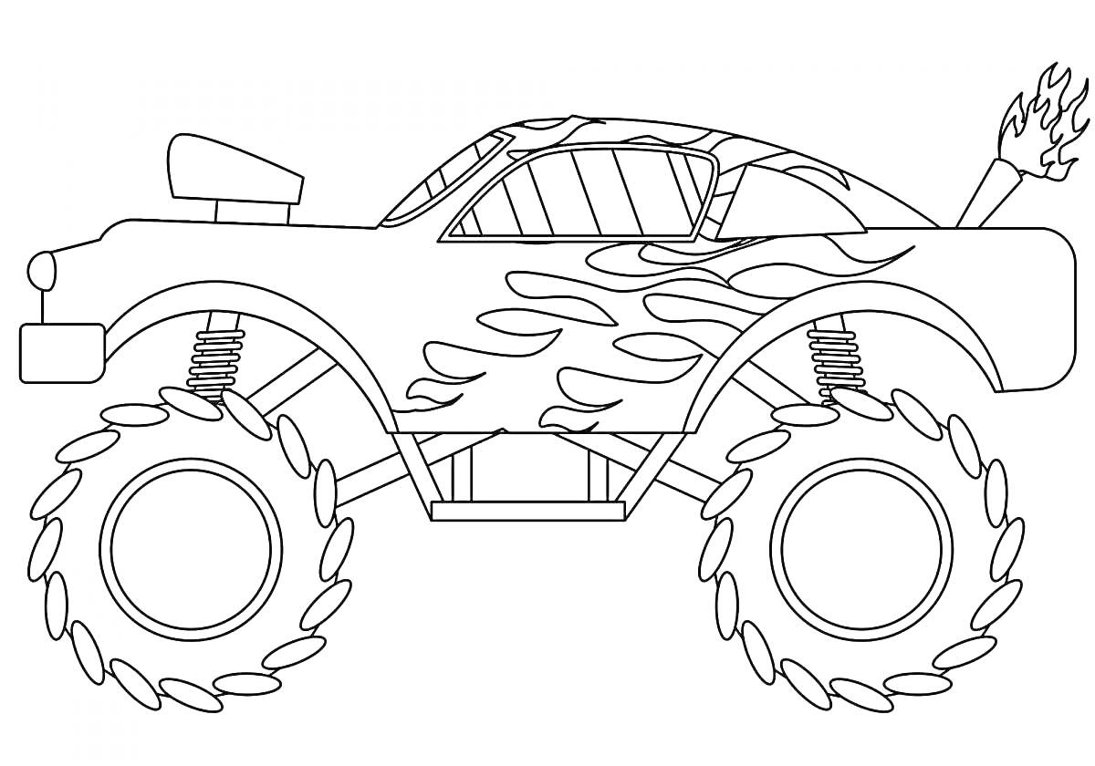Раскраска Монстр-трак с огненными узорами и дымящимся выхлопом