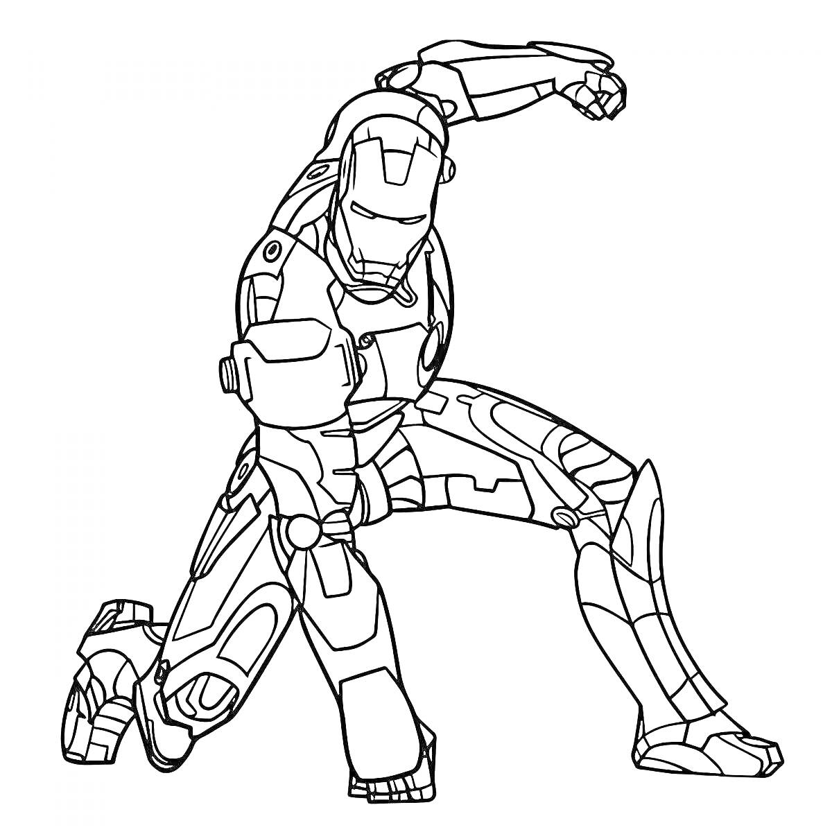 Раскраска Робот в боевой позе с поднятой рукой над головой и оружием на правой руке