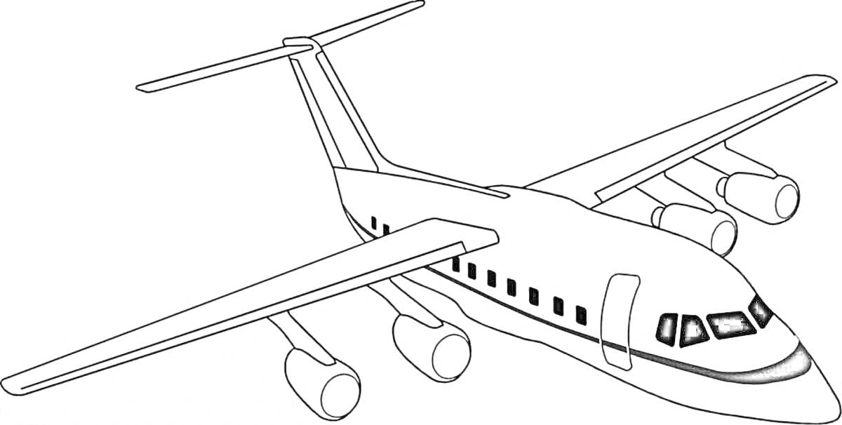 Раскраска Самолет с четырьмя двигателями на крыльях
