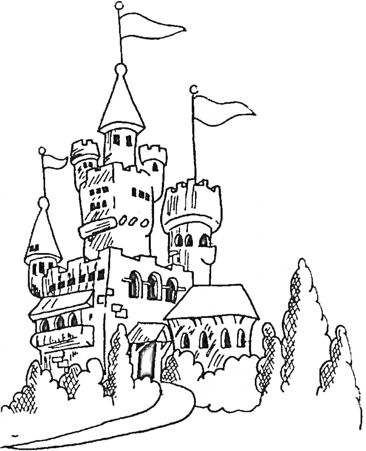 Раскраска Замок с башнями и флагами, окруженный деревьями