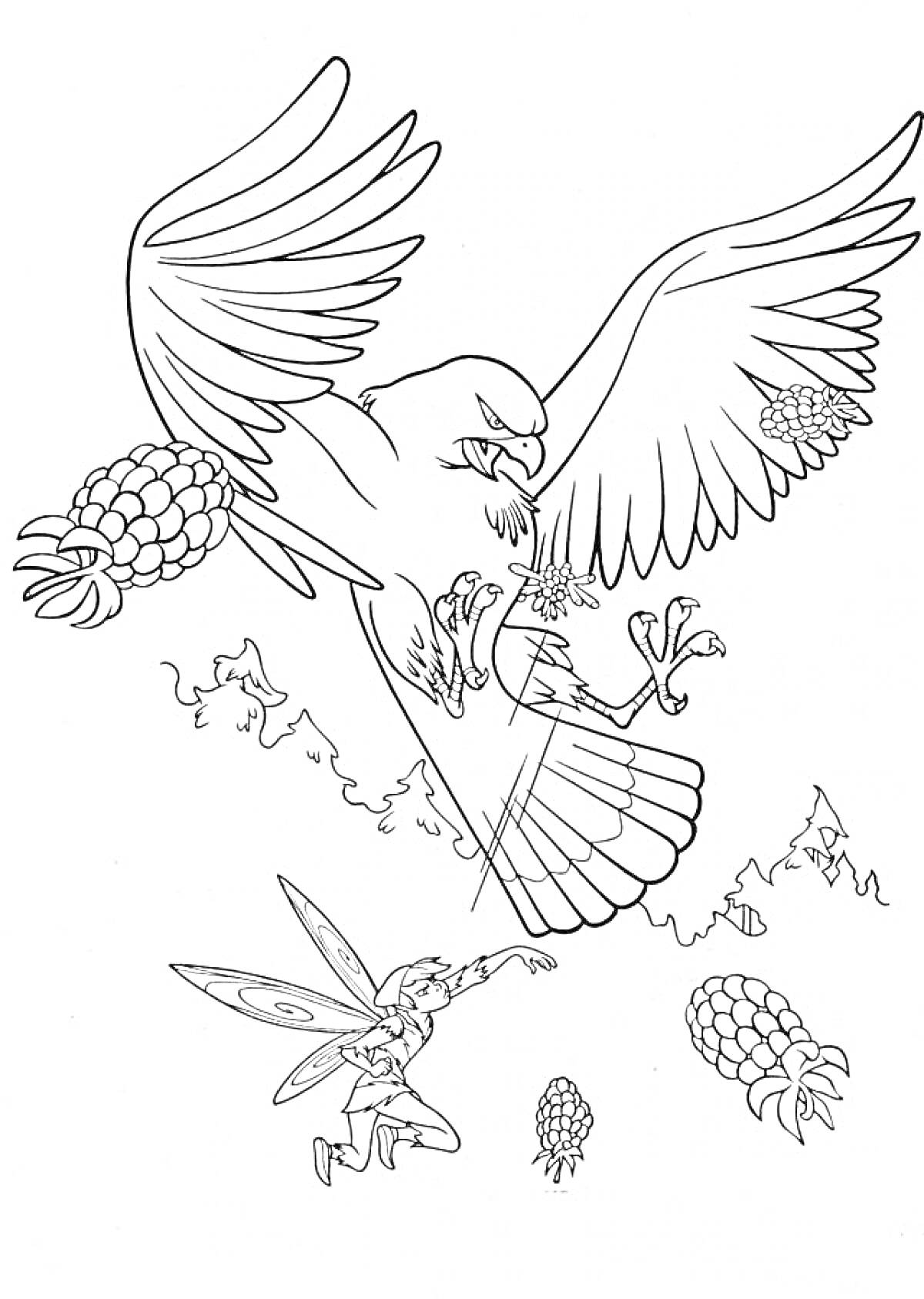 На раскраске изображено: Орел, Фея, Горы, Крылья, Когти, Природа