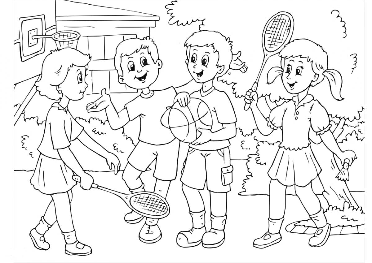 На раскраске изображено: Дружба, Спорт, Игровая площадка, Баскетбол, Активный отдых, Природа, Для детей, Ракетка, Мячи