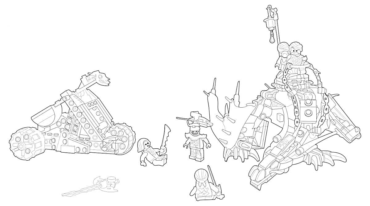 Раскраска Лего Ниндзяго 13 сезон - бой ниндзя с танком и драконом, ниндзя с мечом, танк, дракон, оружие