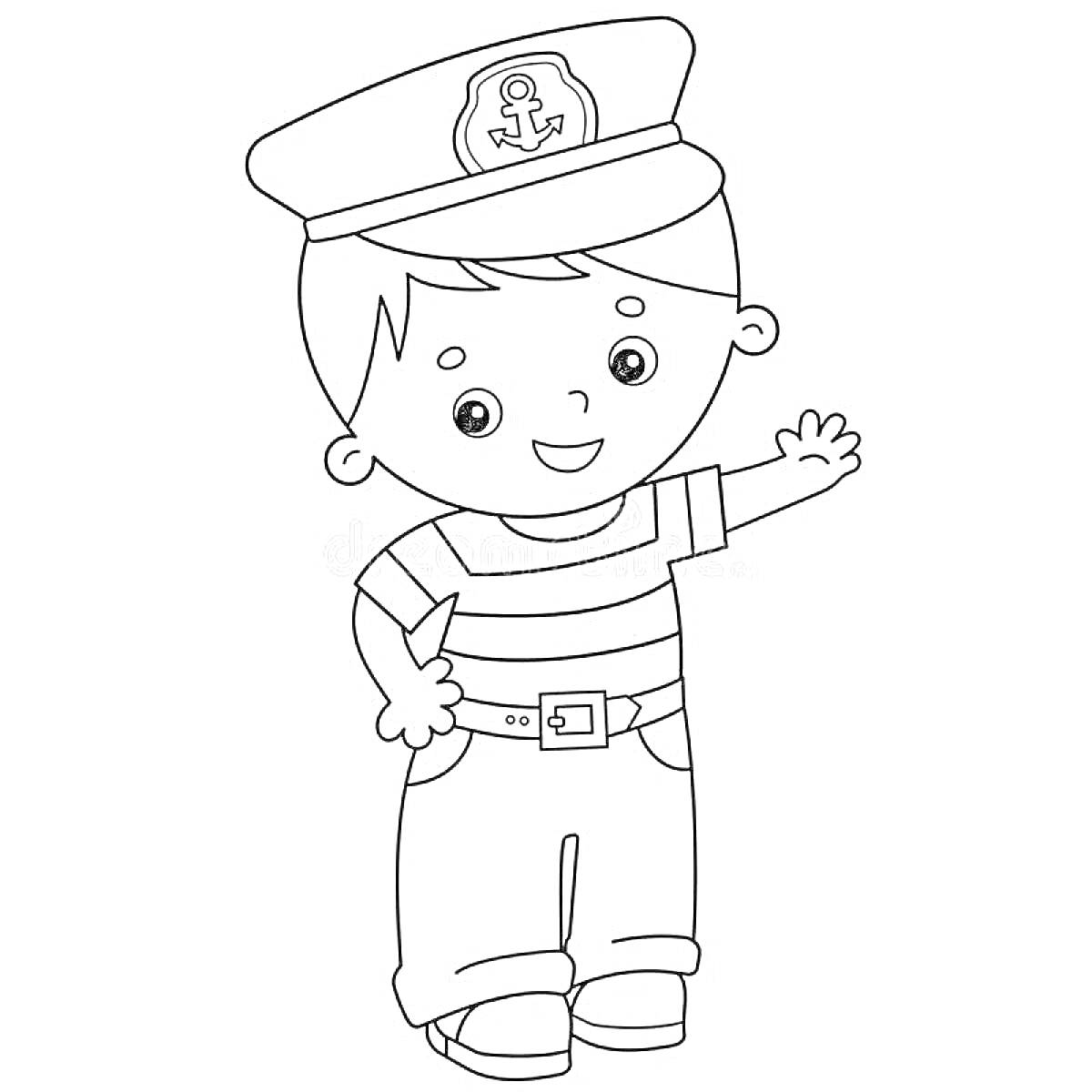 На раскраске изображено: Моряк, Мальчик, Полосатая футболка, Брюки, Ремень, Машет рукой, Для детей