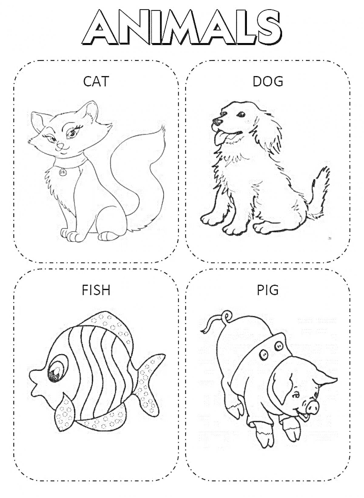 Раскраска Cat, Dog, Fish, Pig - животные с подписями на английском