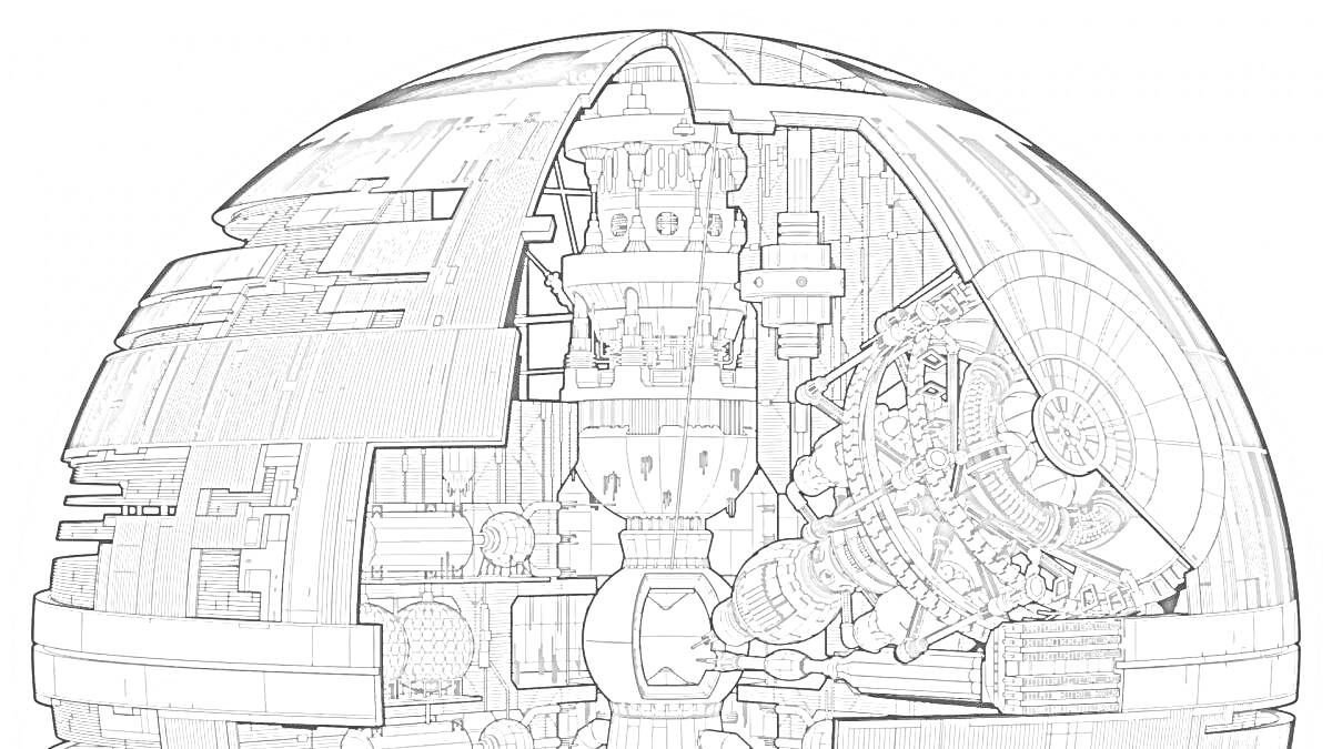 На раскраске изображено: Звезда смерти, Космическая станция, Научная фантастика, Техника, Детали, Конструкция