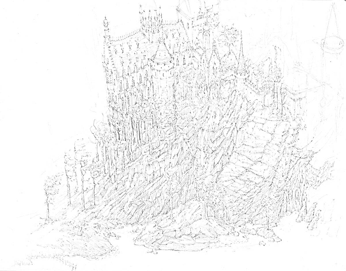 Раскраска Замок Хогвартс на склоне горы, окруженный лесом с лестницами и башнями, ведет вниз к озеру