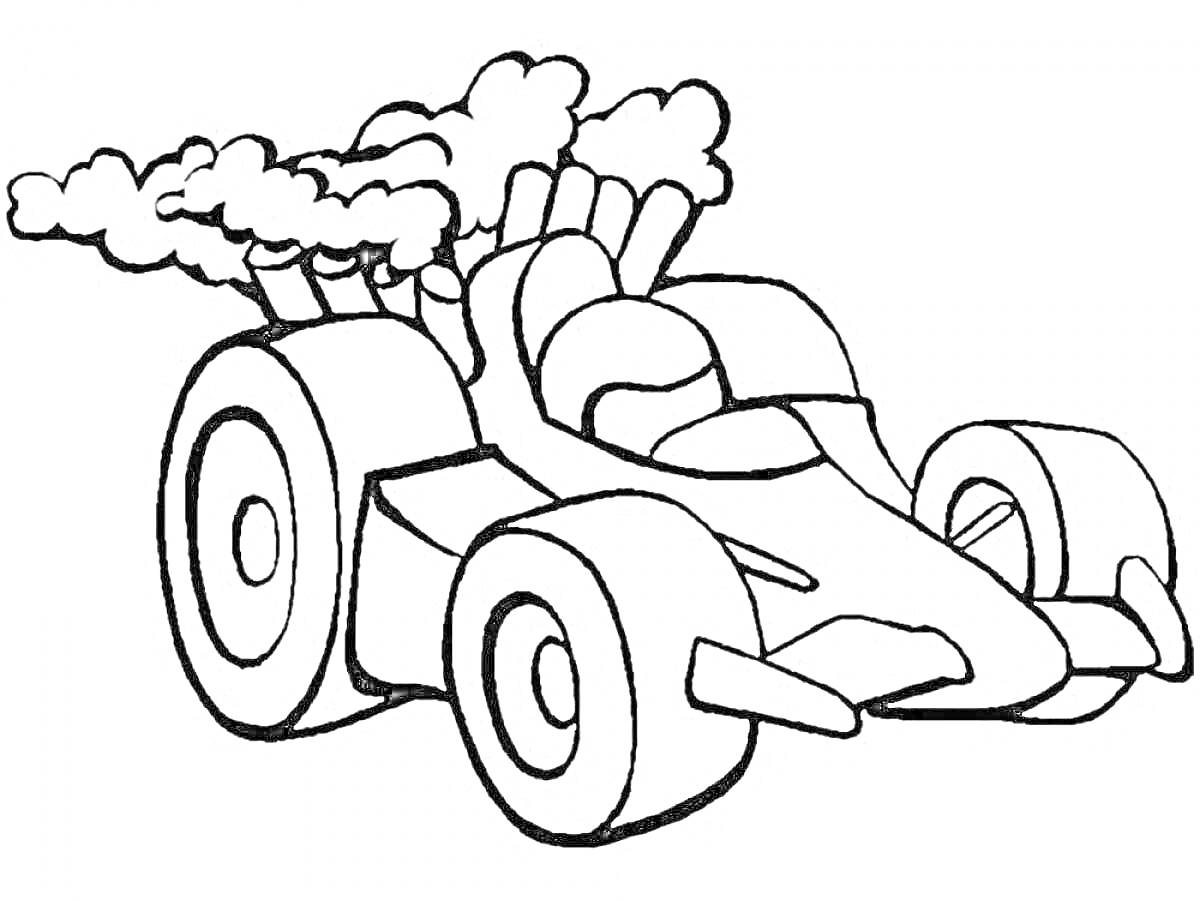 На раскраске изображено: Большие колеса, Выхлопные трубы, Дым, Транспорт, 4-5 лет, Авто, Гоночный автомобиль