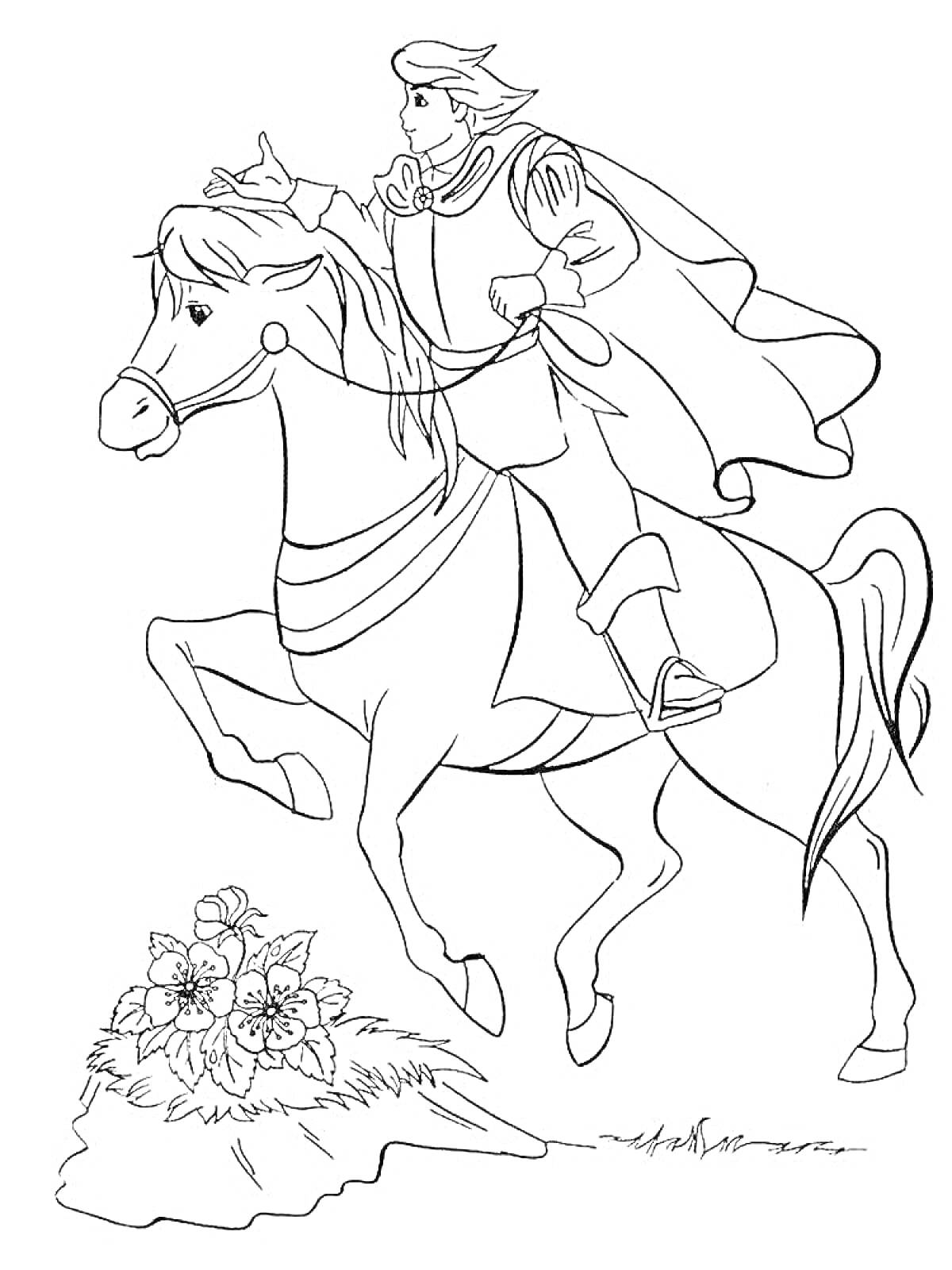 Раскраска Всадник на лошади с поднятой рукой, перед цветами