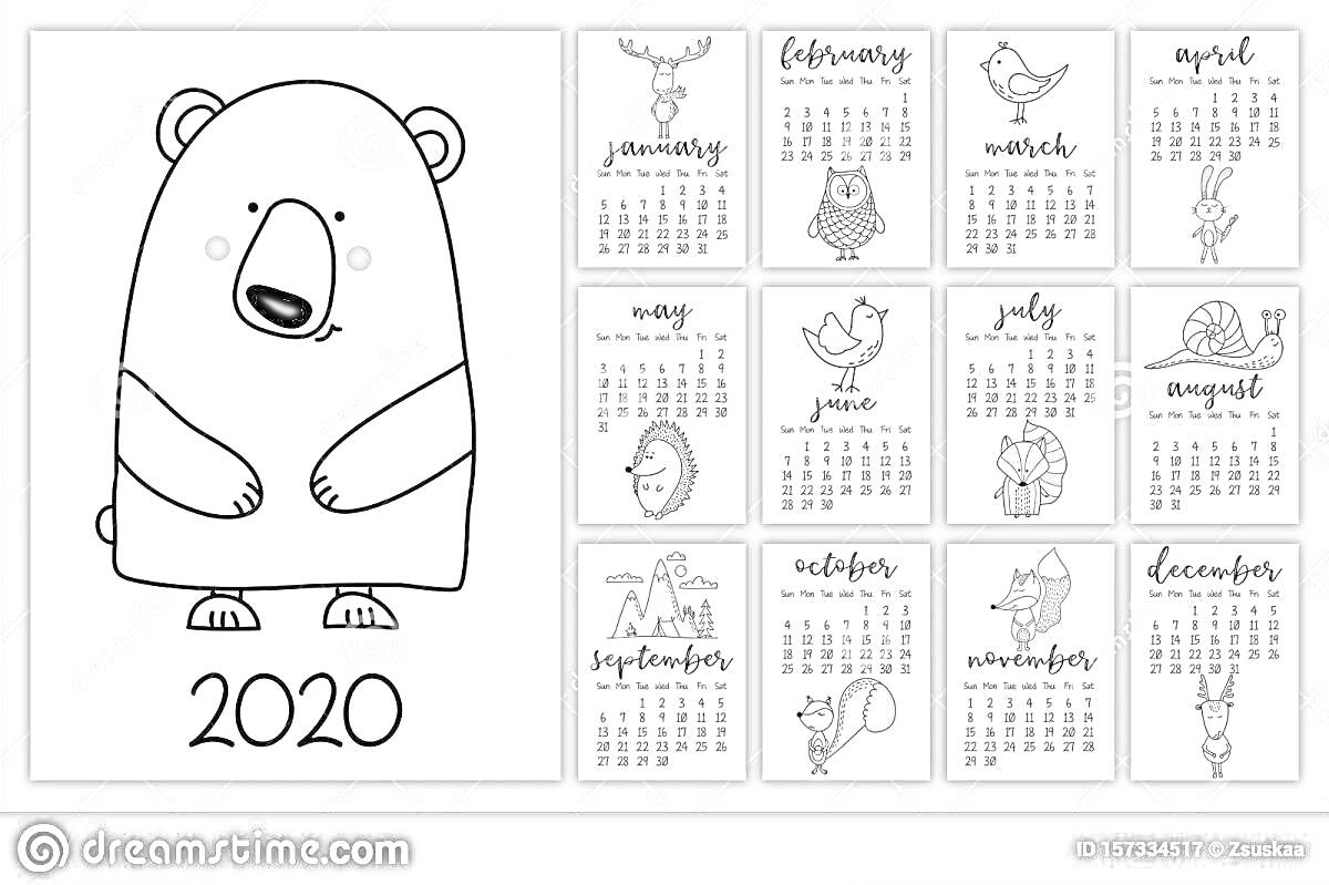 На раскраске изображено: Календарь, 2020, Январь, Февраль, Март, Апрель, Май, Июнь, Август, Сентябрь, Октябрь, Ноябрь, Декабрь, Месяц, Животные, Детские, Медведь