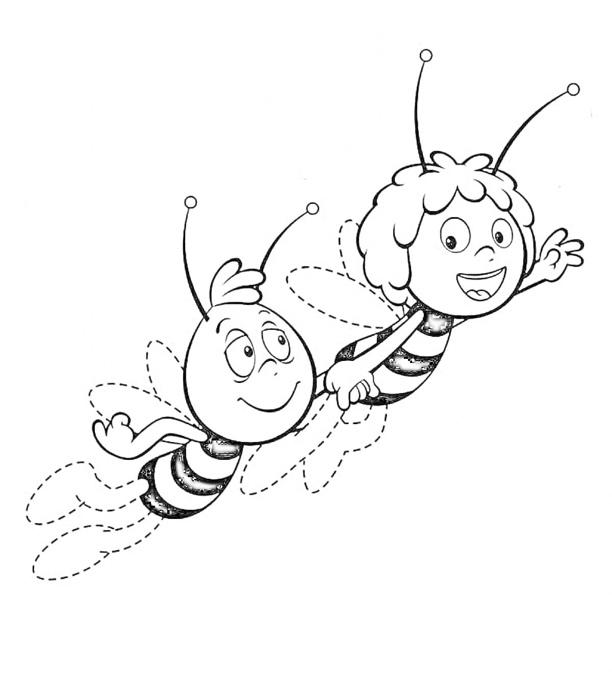 Раскраска две летающие пчелки с улыбками, одна держит другую за руку