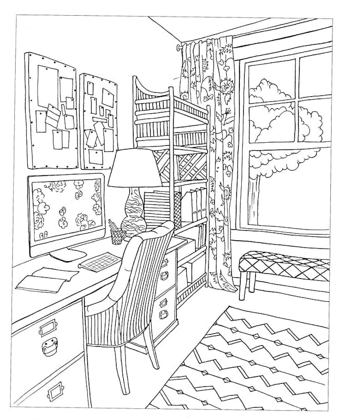 На раскраске изображено: Комната, Девочка, Письменный стол, Компьютер, Занавески, Лампа, Ковер, Журнальный столик
