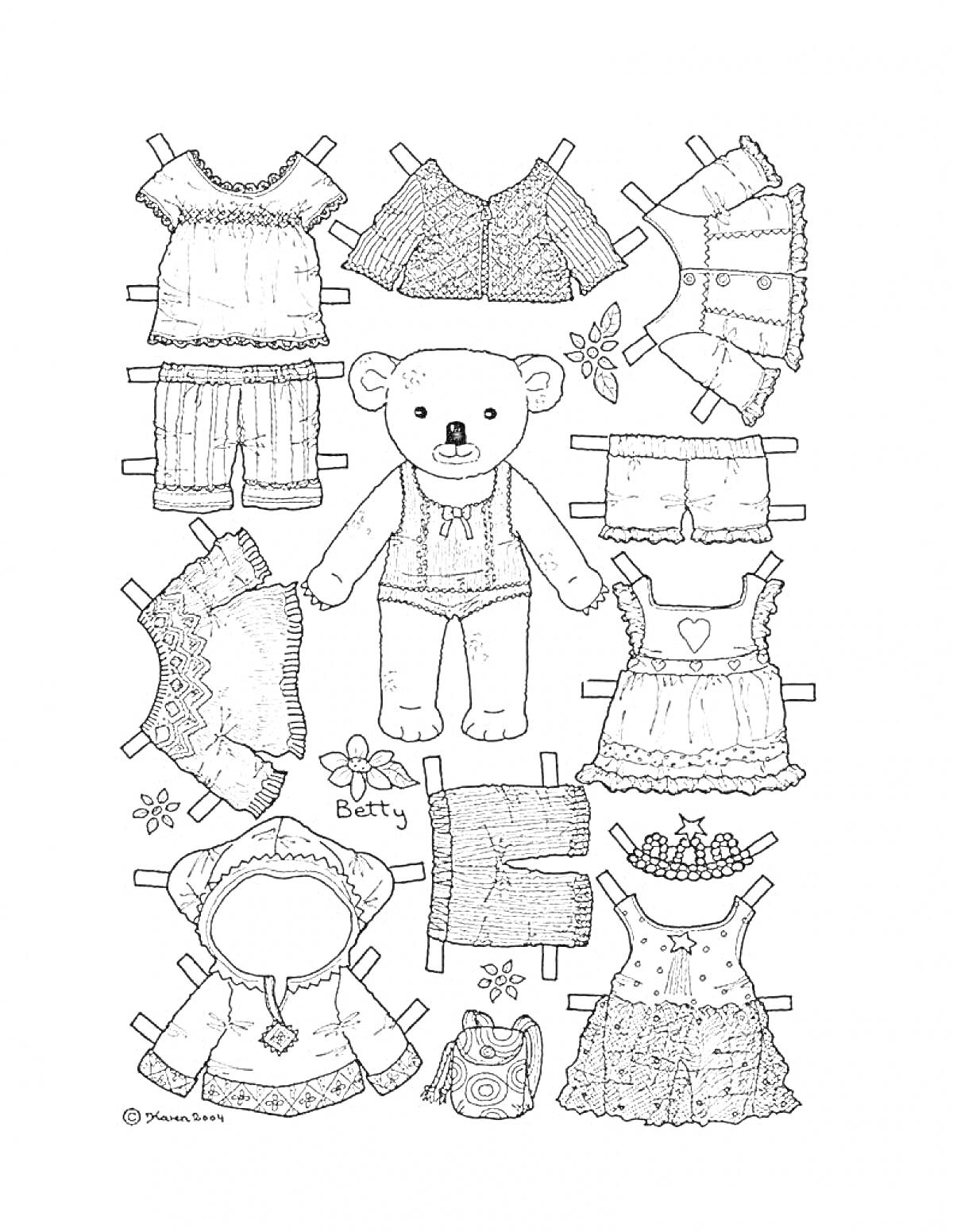 На раскраске изображено: Утка Лалафанфан, Одежда для вырезания, Детские поделки, Бумажная кукла, Творчество, Уборка