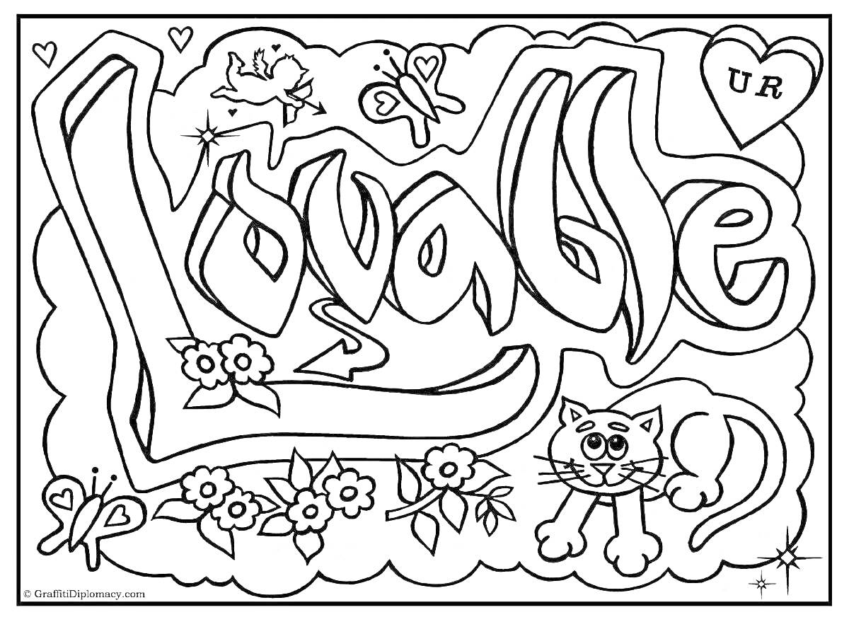 На раскраске изображено: Граффити, Ангел, Цветы, Бабочка, Кот, Развивающие, Сердца