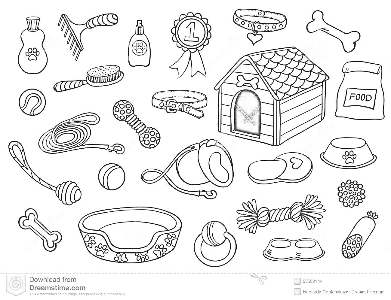 Раскраска вещи для собак - домик, миски, кость, ошейник, награда, шампунь, щетка, игрушки, поводок, сумка-переноска, корм
